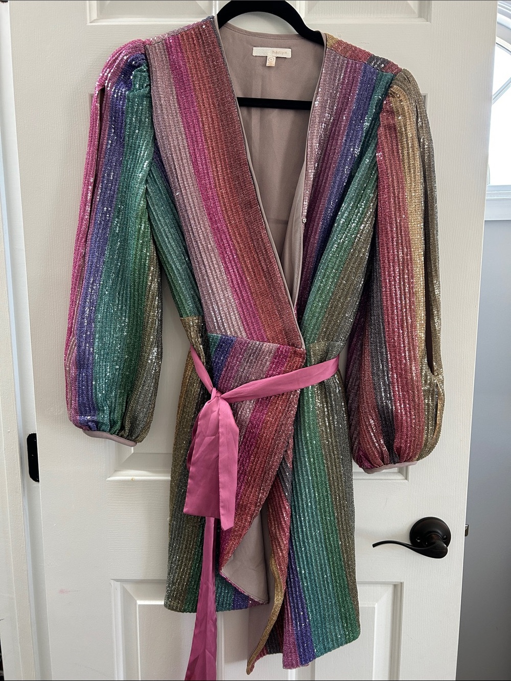S Multi-Color Sequin Striped Wrap Dress with Pink Sash